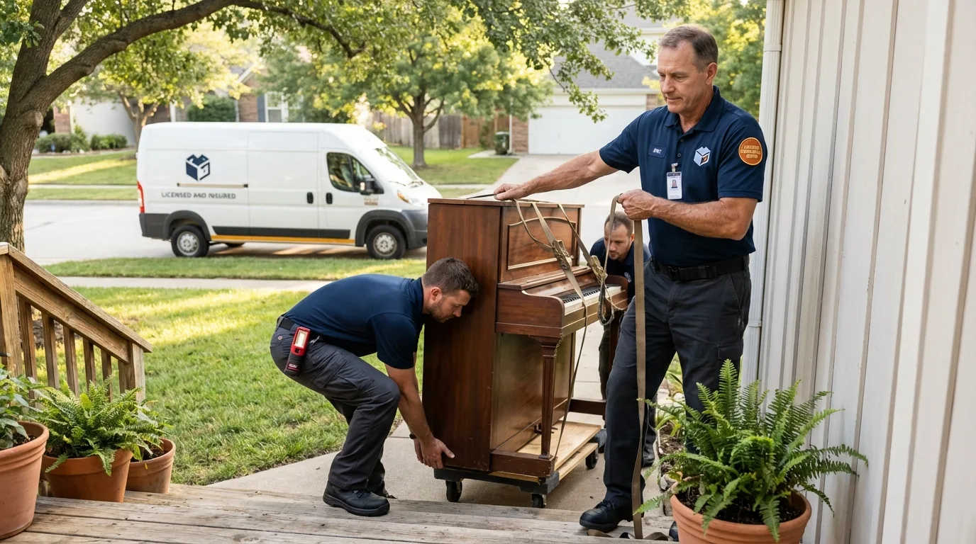 Licensed piano movers securing grand piano in Oswego, IL