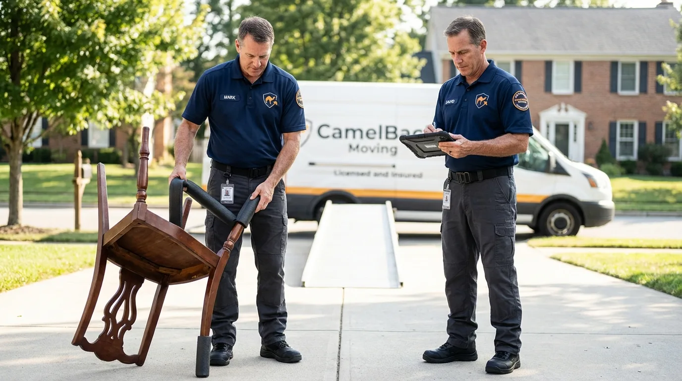 Movers inspecting furniture for damage prevention before loading in Oswego, IL